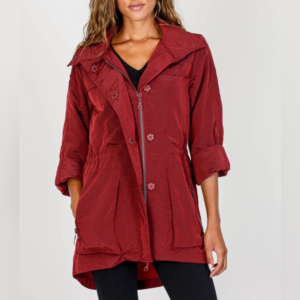 The Fillmore Shiny red convertible windbreaker trench jacket XS hide away hood